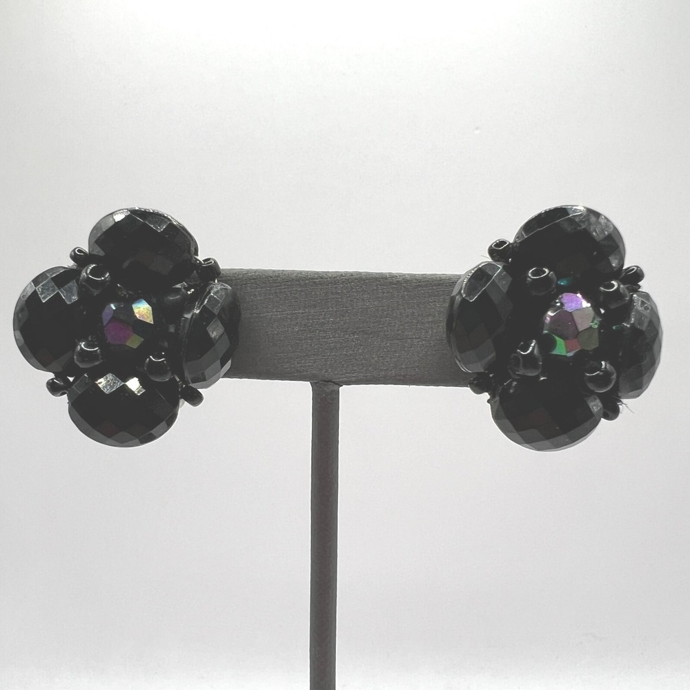 Vintage Clip On Beaded Earrings‎ Black Gold Tone Cluster Made in W Germany